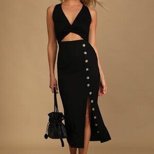 Lulus Trend Seeker Black Ribbed Twist-front Cutout Midi Dress - Size S